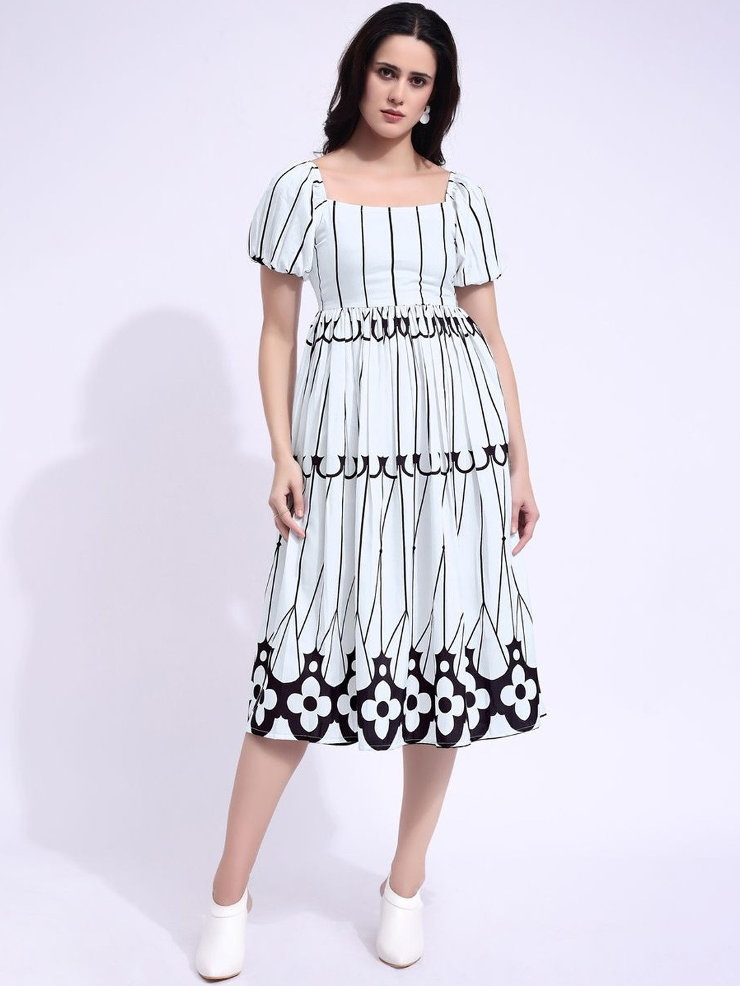 PURVAJA WorkFlair Striped Square Neck Puff Sleeve Fit & Flare Midi Dress