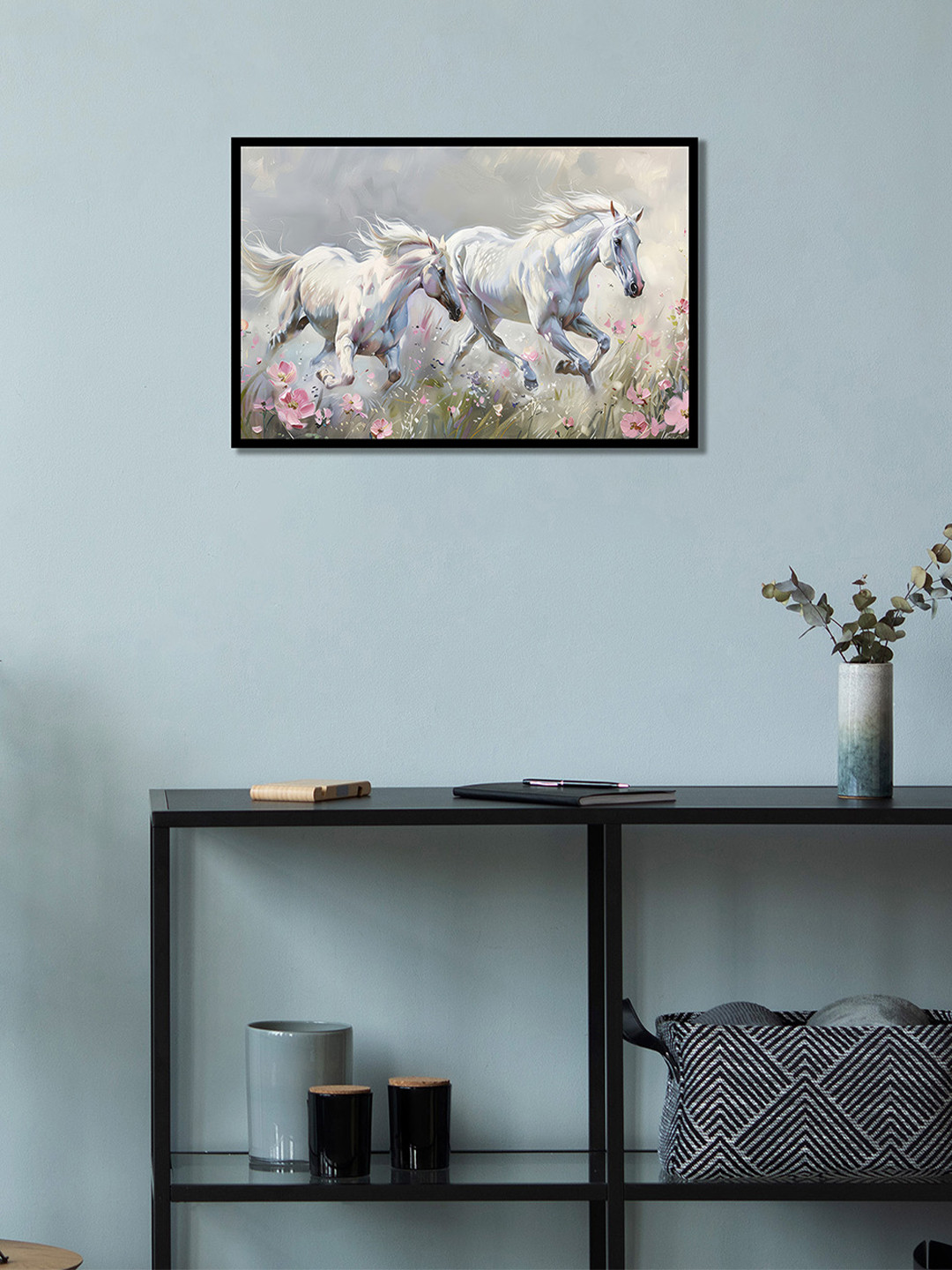 nestroots Running Through Roses White & Pink Horses Printed Canvas Wall Art