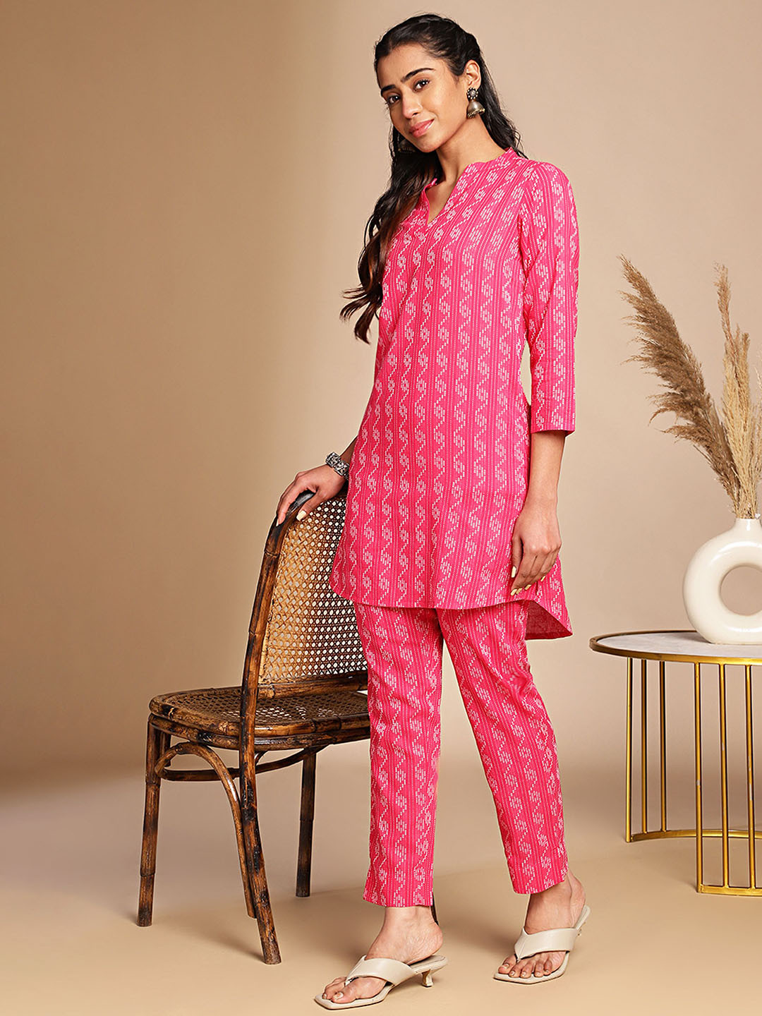 Aditi Wasan Printed Mandarin Collar Pure Cotton Tunic With Trousers Co-Ords