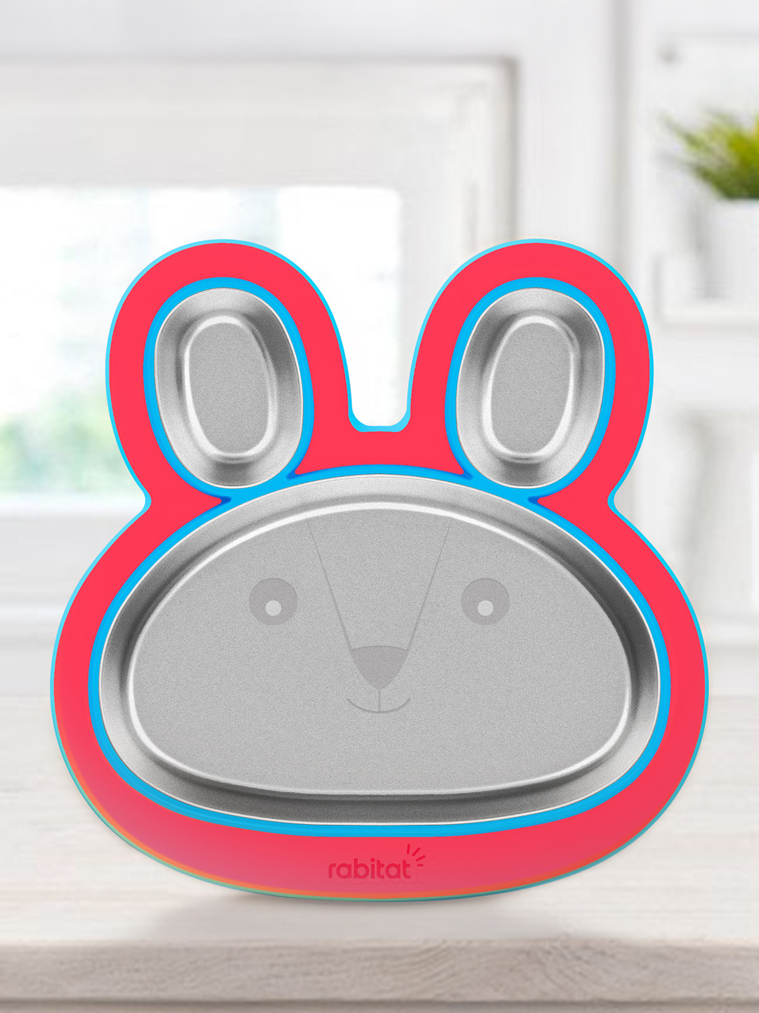 Rabitat Kids Red & Blue Hoppy Playte Anti Skid Stainless Steel Plate
