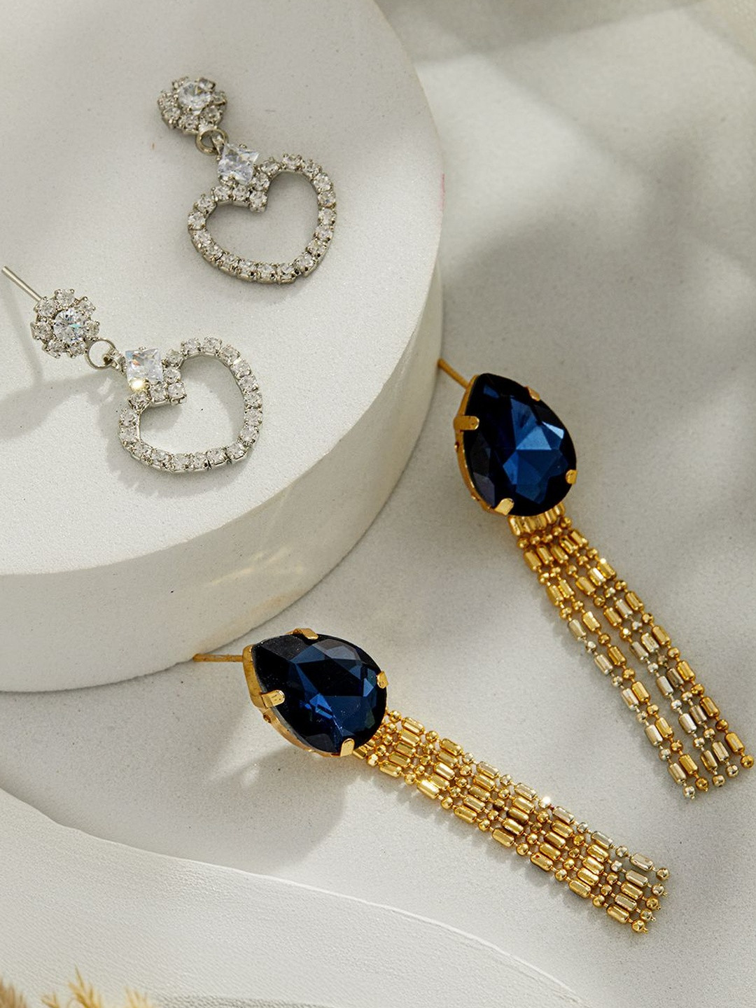 DressBerry Set Of 2 Gold Heart Shaped Rhodium-Plated & Blue Stone Studded Drop Earrings