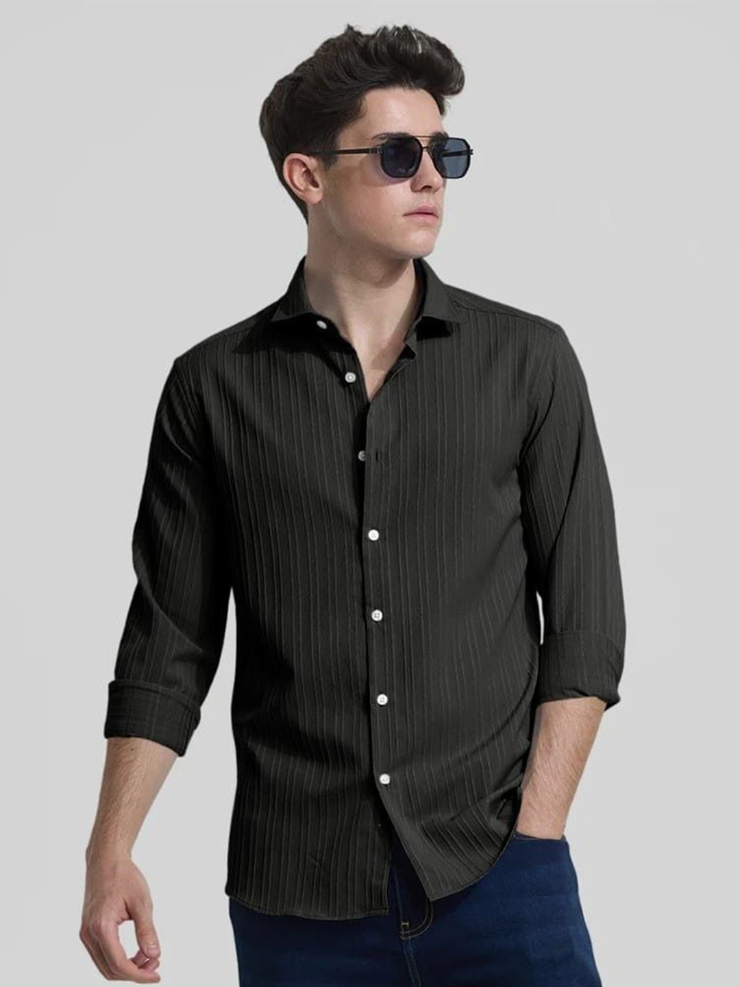 OQUENT Men Standard Fit Textured Spread Collar Casual Shirt