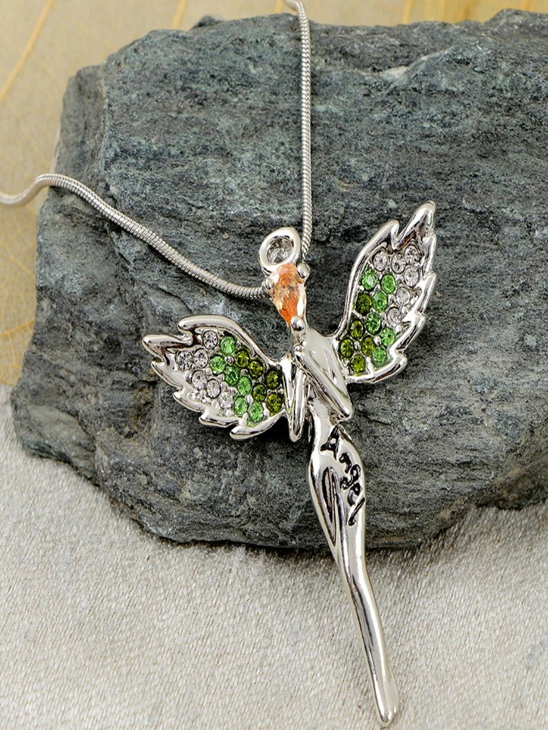 Jewelgenics Women Green & Orange Silver-Plated Angel Pendant With Alloy Chain