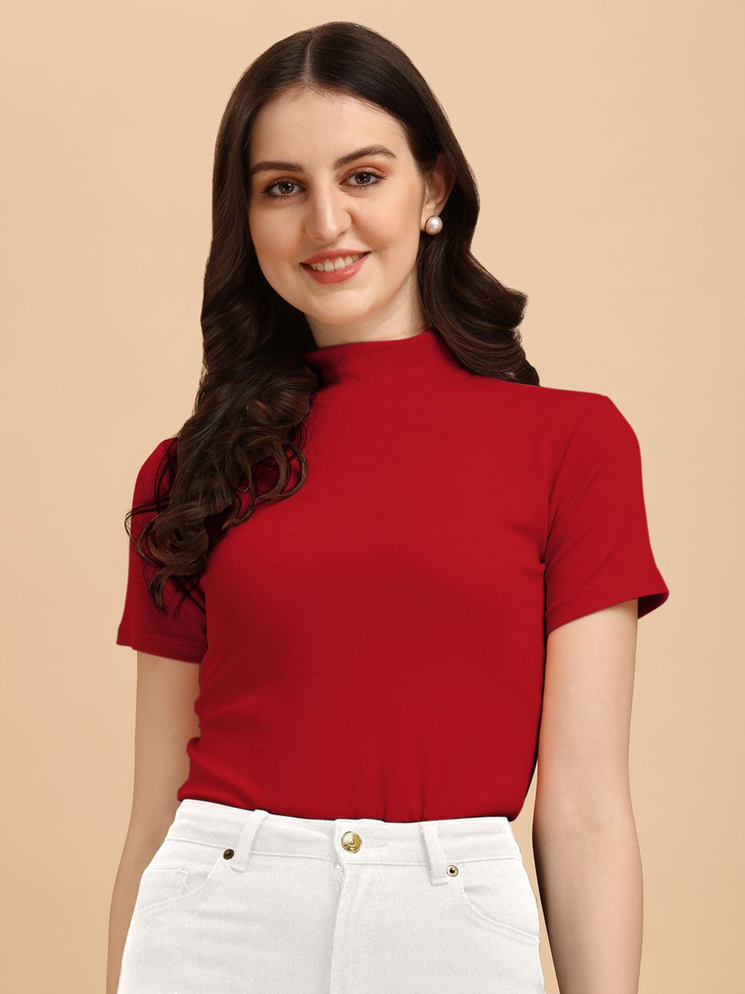GLOSIA DESIGN Women Red High Neck Short Sleeves Fitted Top