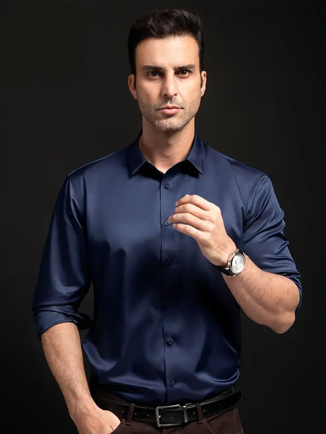 INDOPRIMO Spread Collar Long Sleeves Satin Casual Shirt
