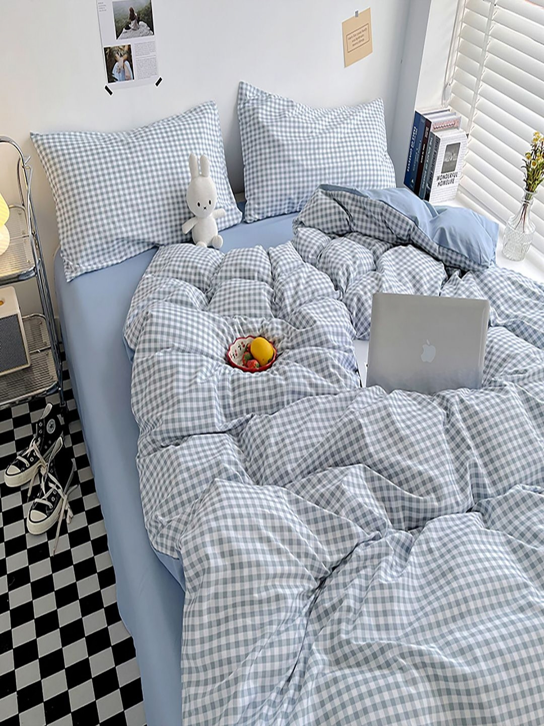 JC HOME Blue & White Checked 4 Piece Double Queen Regular Bedding Set