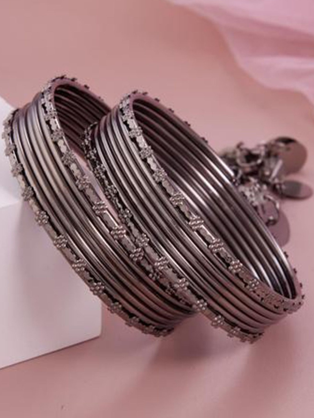 NAVMAV Pack Of 2 Tassel Silver-Plated Multilayer Wire Bangles
