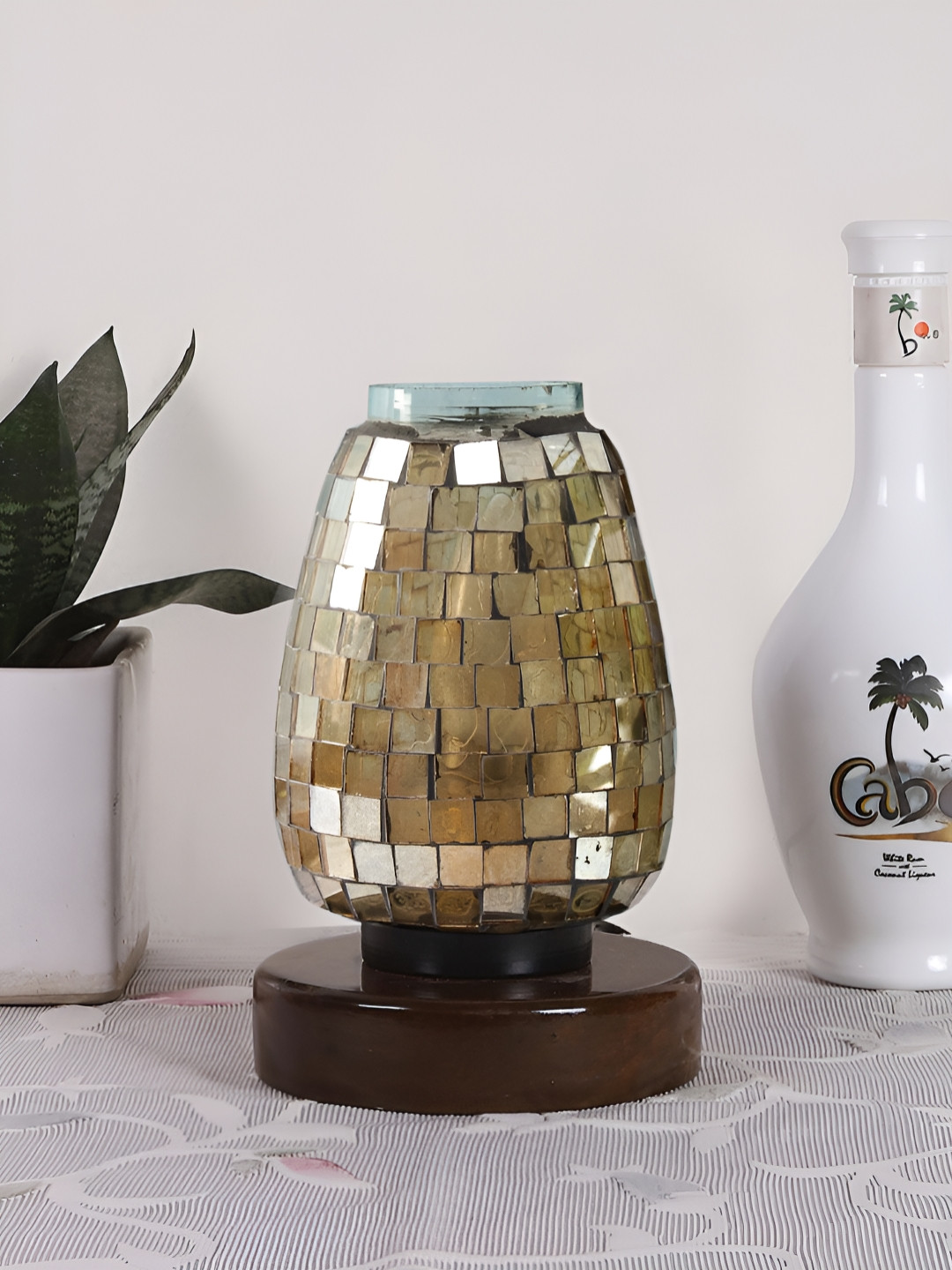 Aura Gold-Toned & Brown Textured Abstract Shaped Glass Table Lamp with Wooden Base