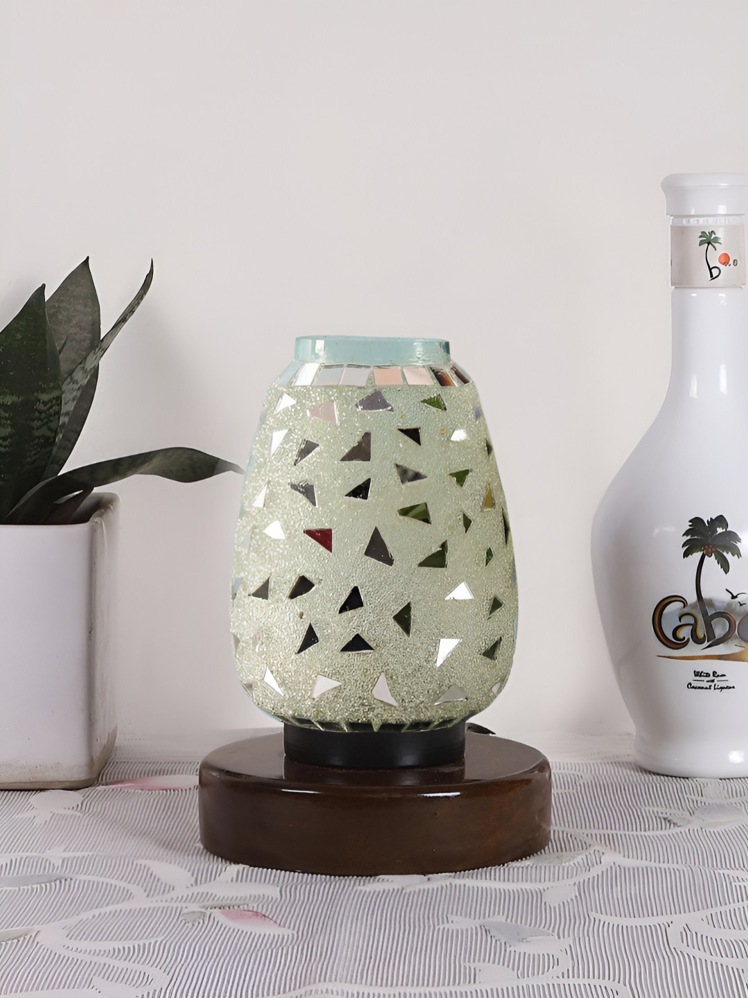 Aura White & Cream Colored Textured Glass Lamp With Wood Base