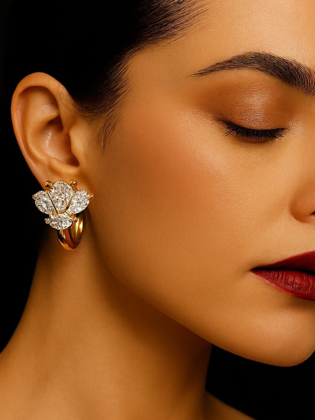 NEW AMBAJI ART JEWELLERY Rose Gold-Plated American Diamonds Studded Teardrop Hoop Earrings