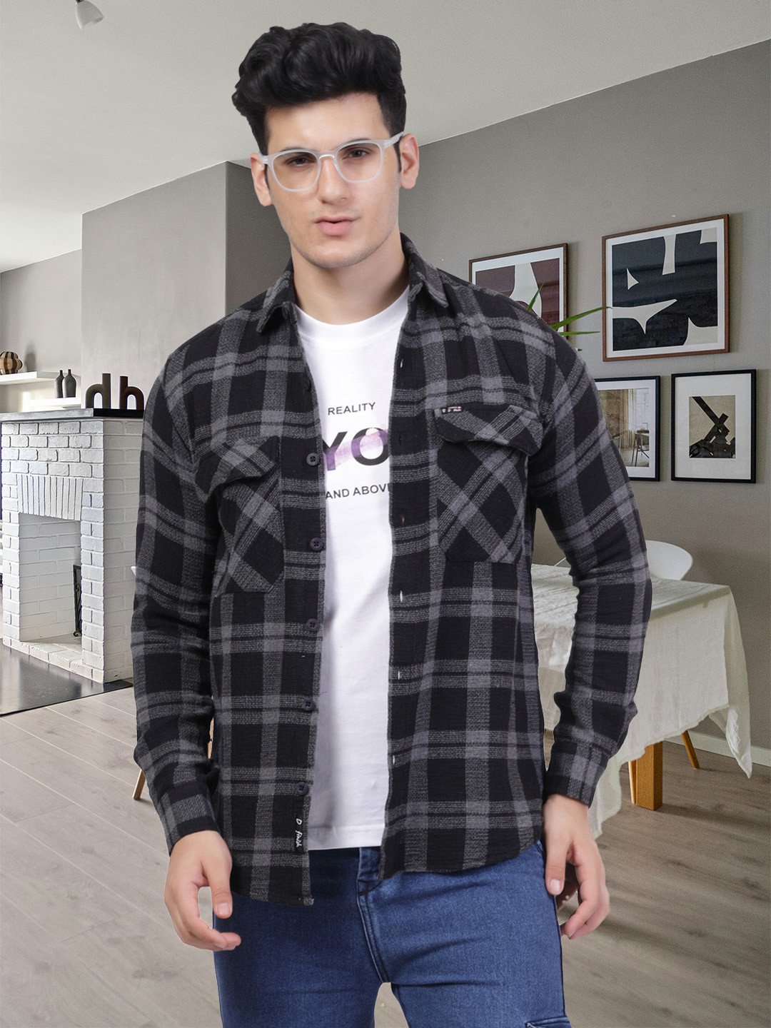 D Finish Smart Tartan Checks Checked Spread Collar Cotton Casual Shirt