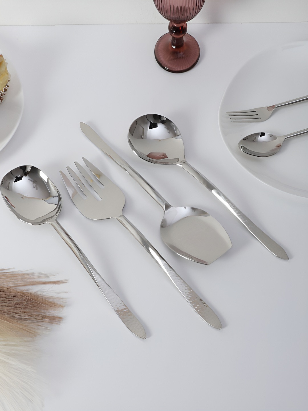 Decor de Maison Silver-Toned Steel Dune Hammered Serving Cutlery Set