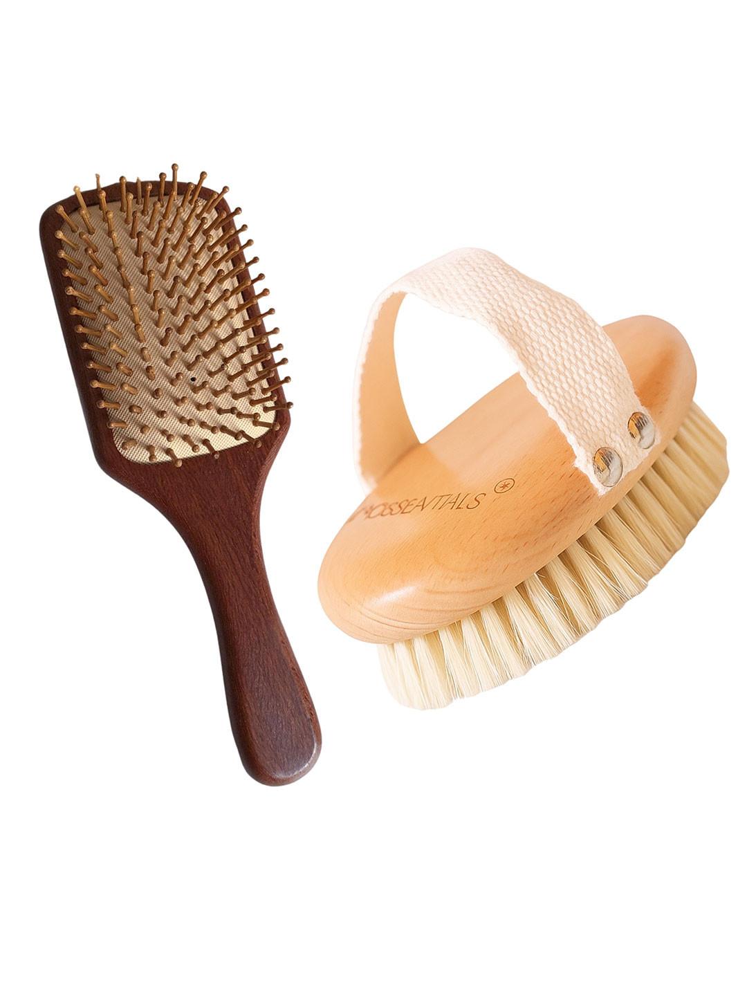 OROSSENTIALS Set of Wooden Hair Brush & Body Brush - Brown