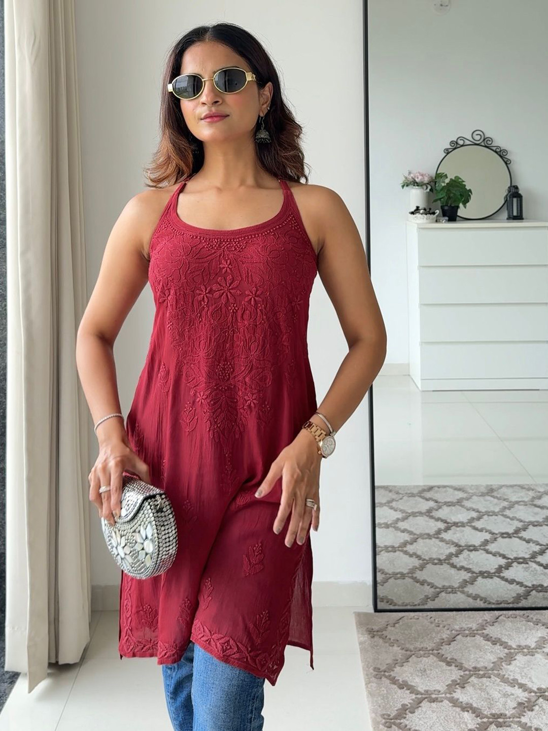 Undyed Women Embroidered Chikankari Cherry Red Georgette Kurta