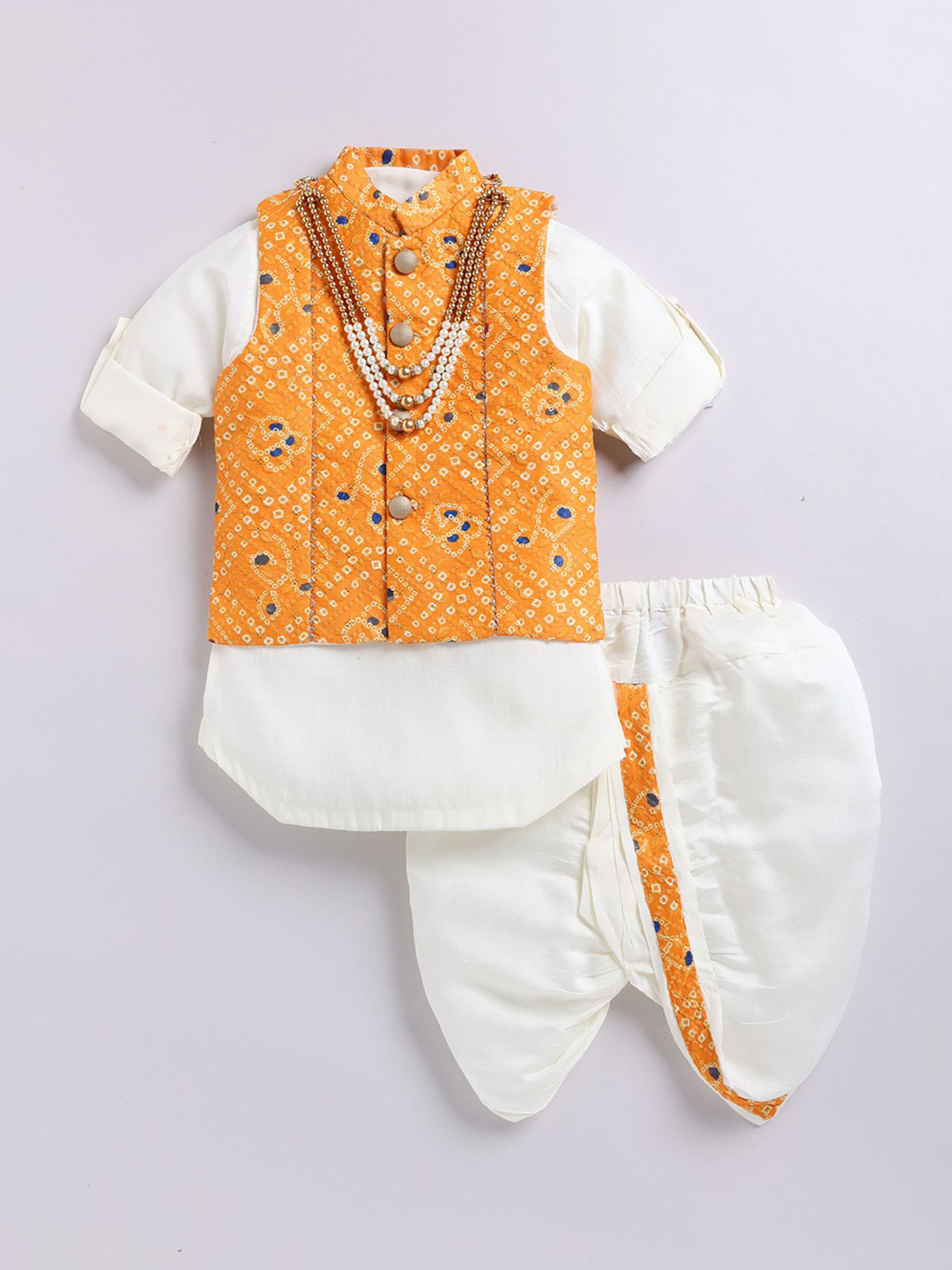LITTLE COLLARS Boys Silk BlendBandhani Embroidered Regular Kurta with Dhoti Pants