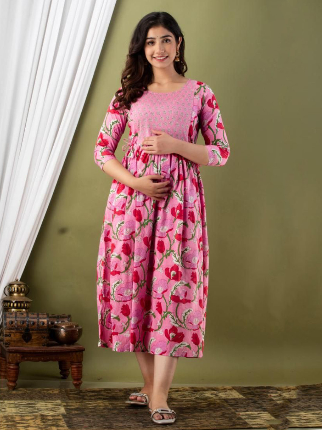 Ashvy Floral Printed Round Neck Fit and Flare Pure Cotton Maternity Ethnic Dress