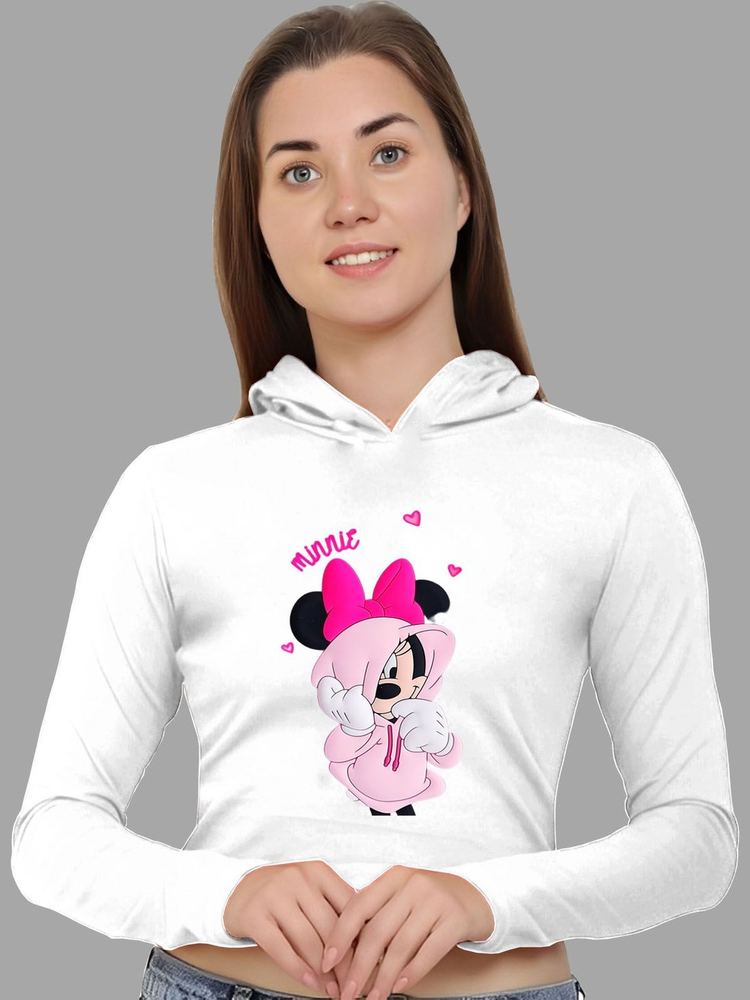 Moda Rapido Minnie Mouse Graphic Printed Hooded Cropped  T-shirt