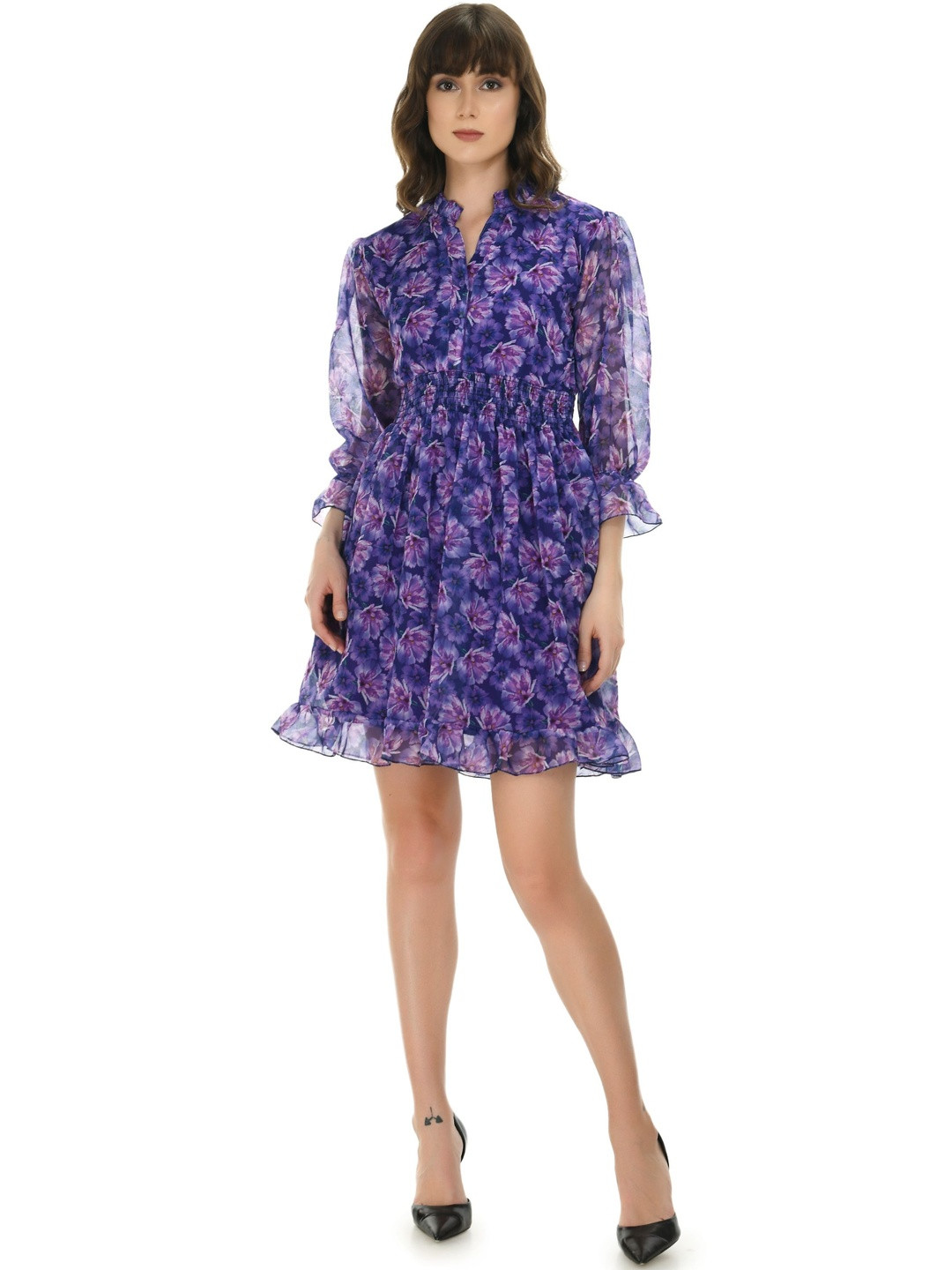 YOGYATA Women Floral Printed Mandarin Collar Smoked Fit & Flare Mini Dress