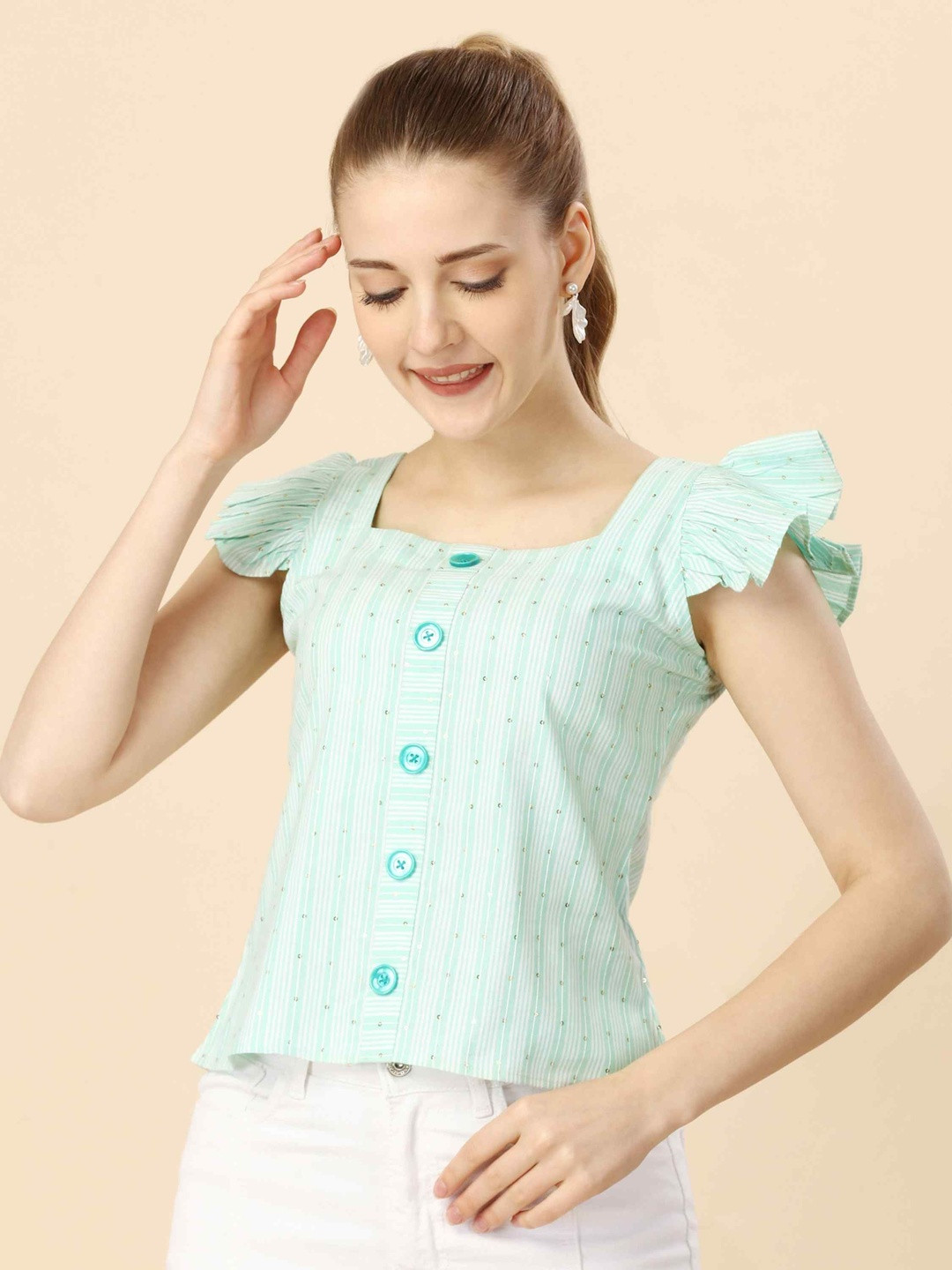 YANAMORA Striped Butterfly Sleeves and Button Down Placket Top