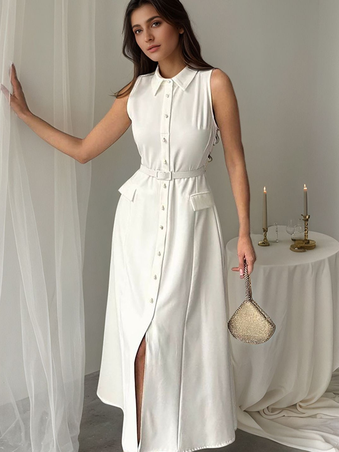 bebe Women Shirt Collar Shirt Midi Dress