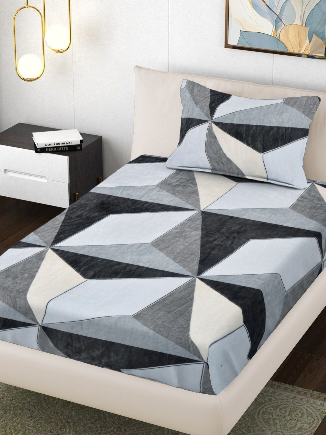 FABINALIV Black & Grey Geometric 300 TC Woolen Single Bedsheet Set 2.20 m x 1.50 m