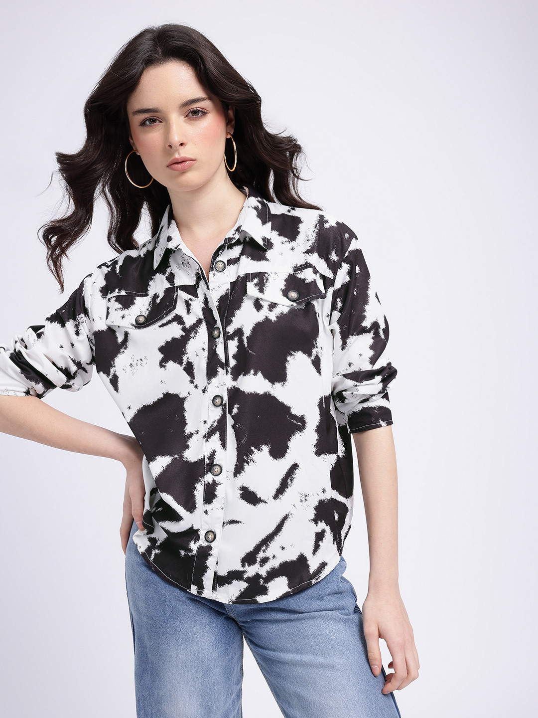 Abstract Print Relaxed Fit Shirt with Mock Pockets