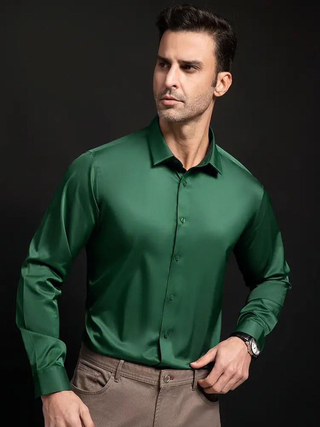 INDOPRIMO Spread Collar Long Sleeves Satin Casual Shirt