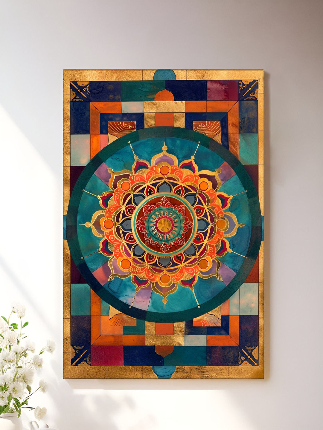 Art Street Teal& Gold-Toned Geometric Mandala Canvas Wall Art
