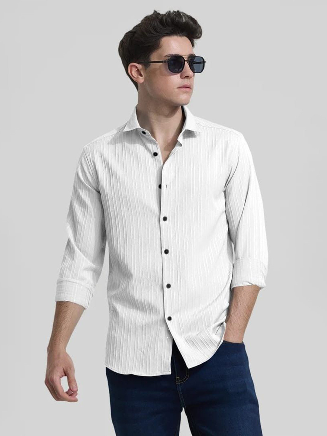 OQUENT Men Standard Fit Textured Spread Collar Casual Popcorn Shirt
