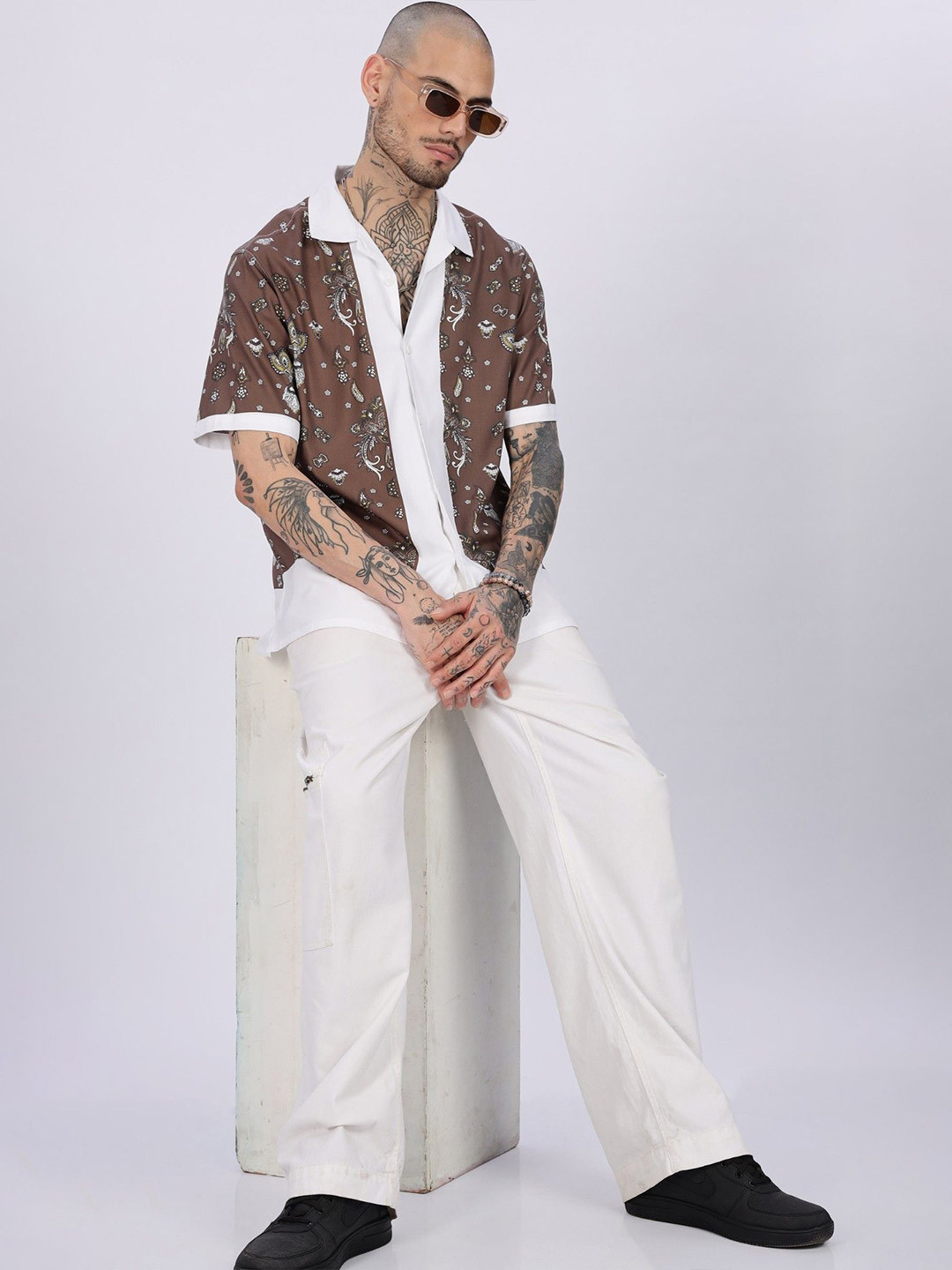Eszett Bandana Ethnic Motifs Printed Cuban Collar Cotton Shirt