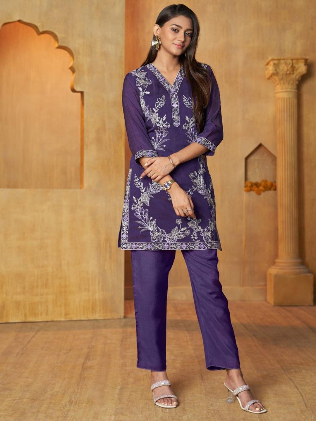 AUTUMN LANE Anumeha Embroidery V-Neck Top With Trouser Co-Ords