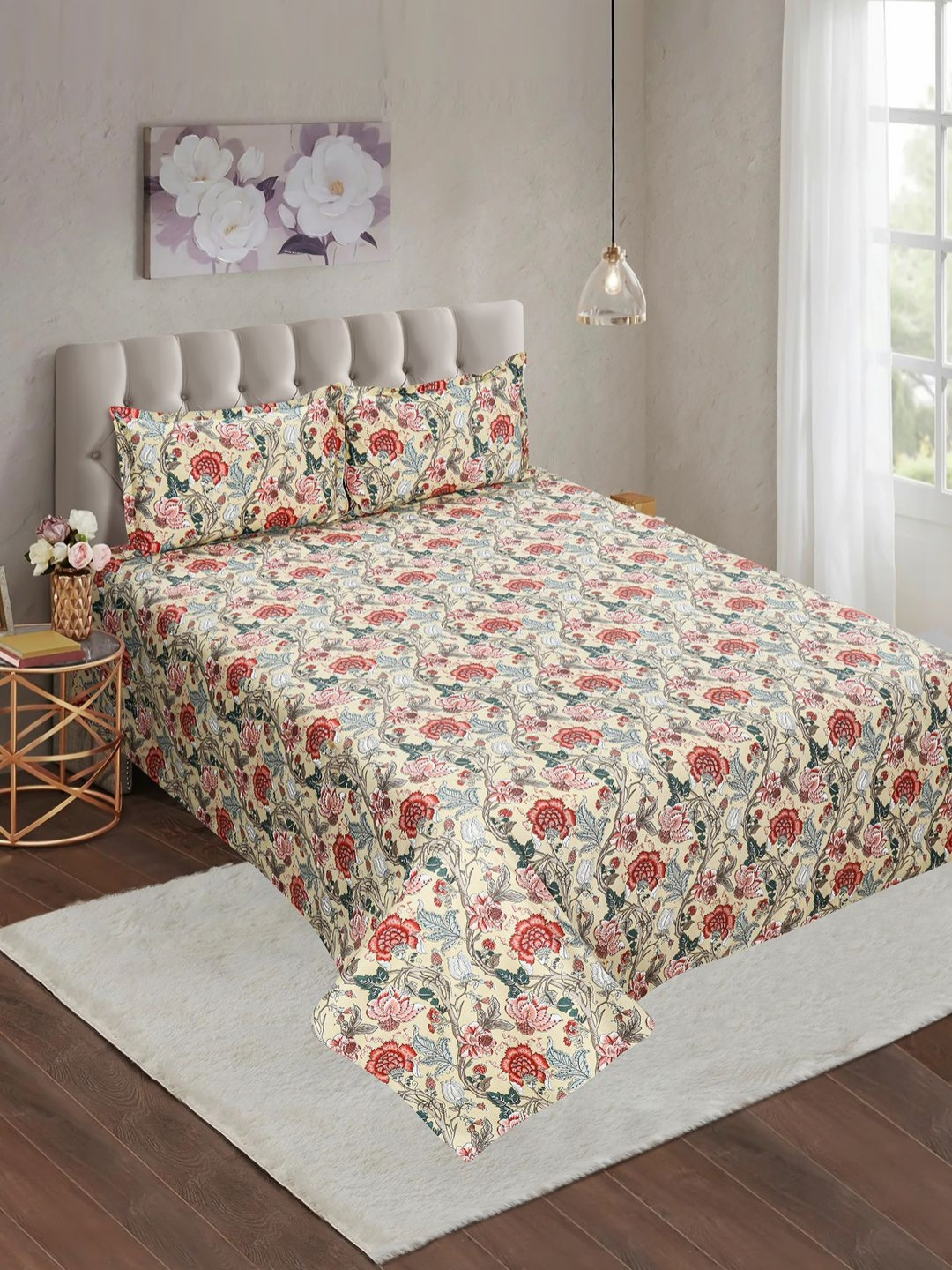 fingercraft Yellow & Red Floral 180 TC Cotton Double King Bedsheet Set 2.50 m x 2.25 m