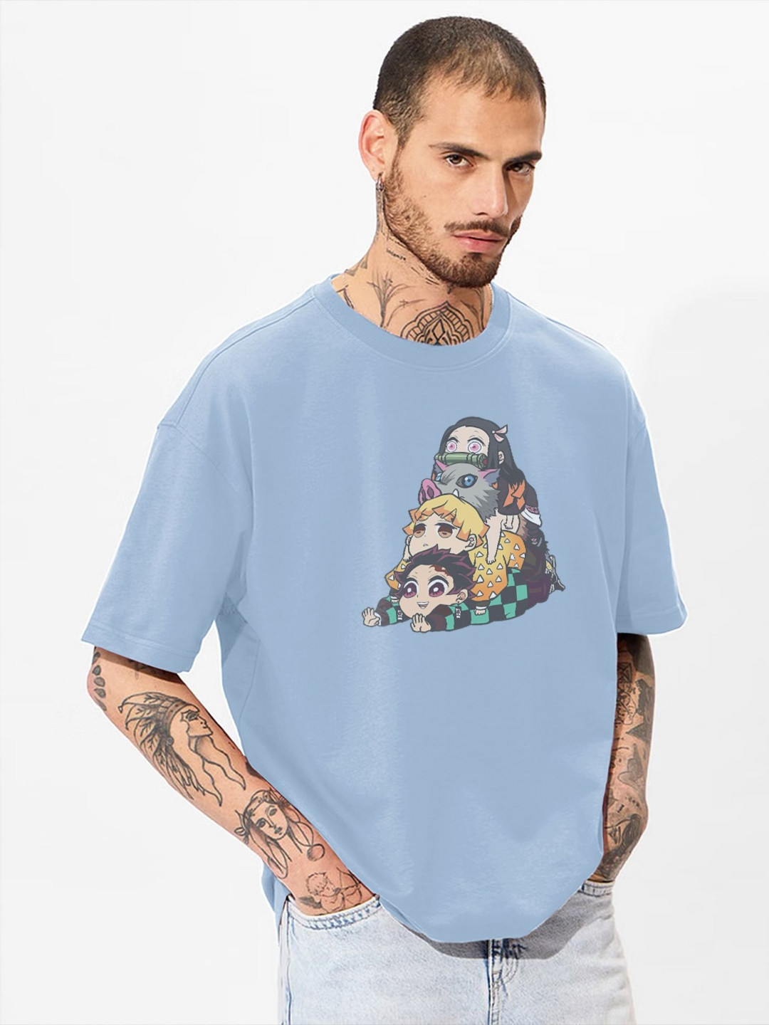 MaverIQ Graphic Demon Slayer Printed Drop-Shoulder Sleeves Oversized Organic Cotton Tshirt