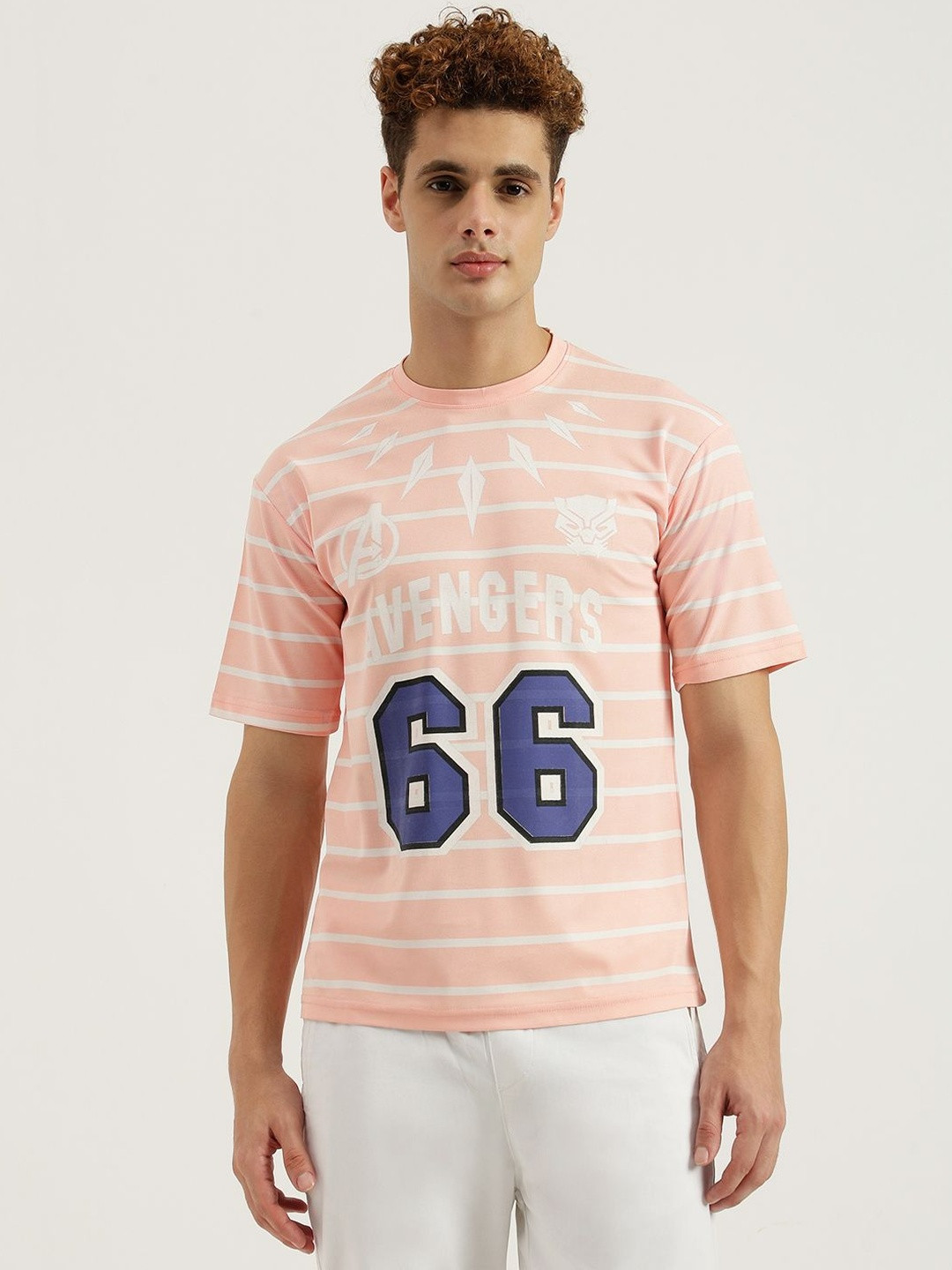 Men Avengers Striped Round Neck Regular Fit T-shirt