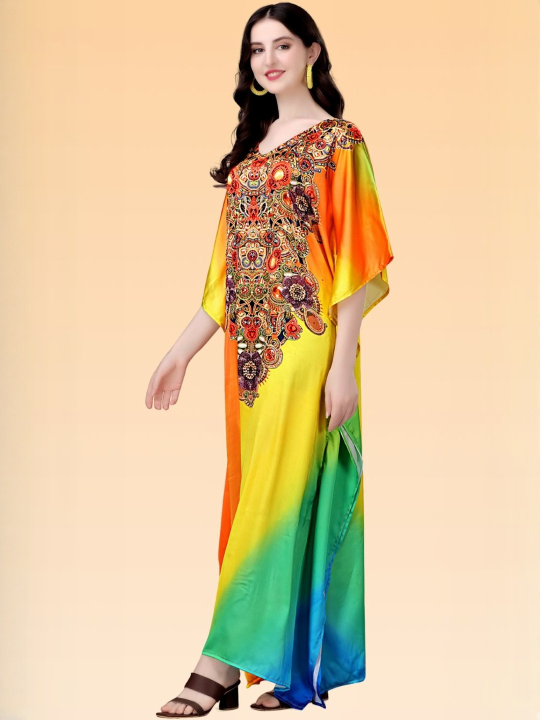 SilkSutra Bohemian Print Kimono Sleeve Kaftan Maxi Dress