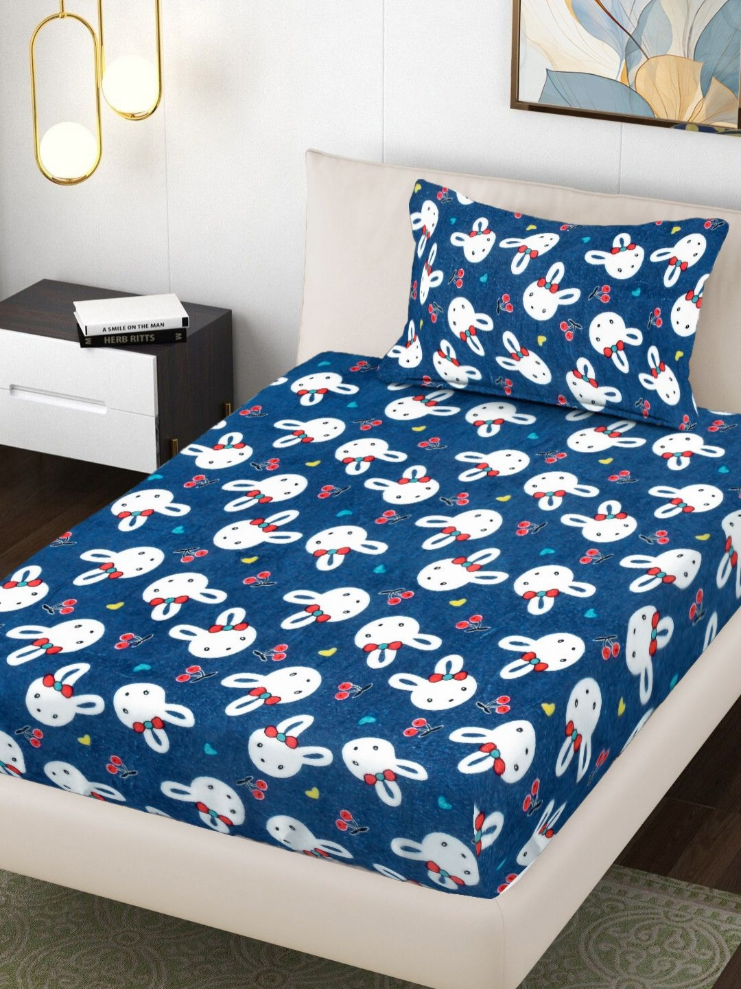 FABINALIV Blue & White Cartoon Printed 300TC Woolen Single Bedsheet Set 2.20 m x 1.50 m