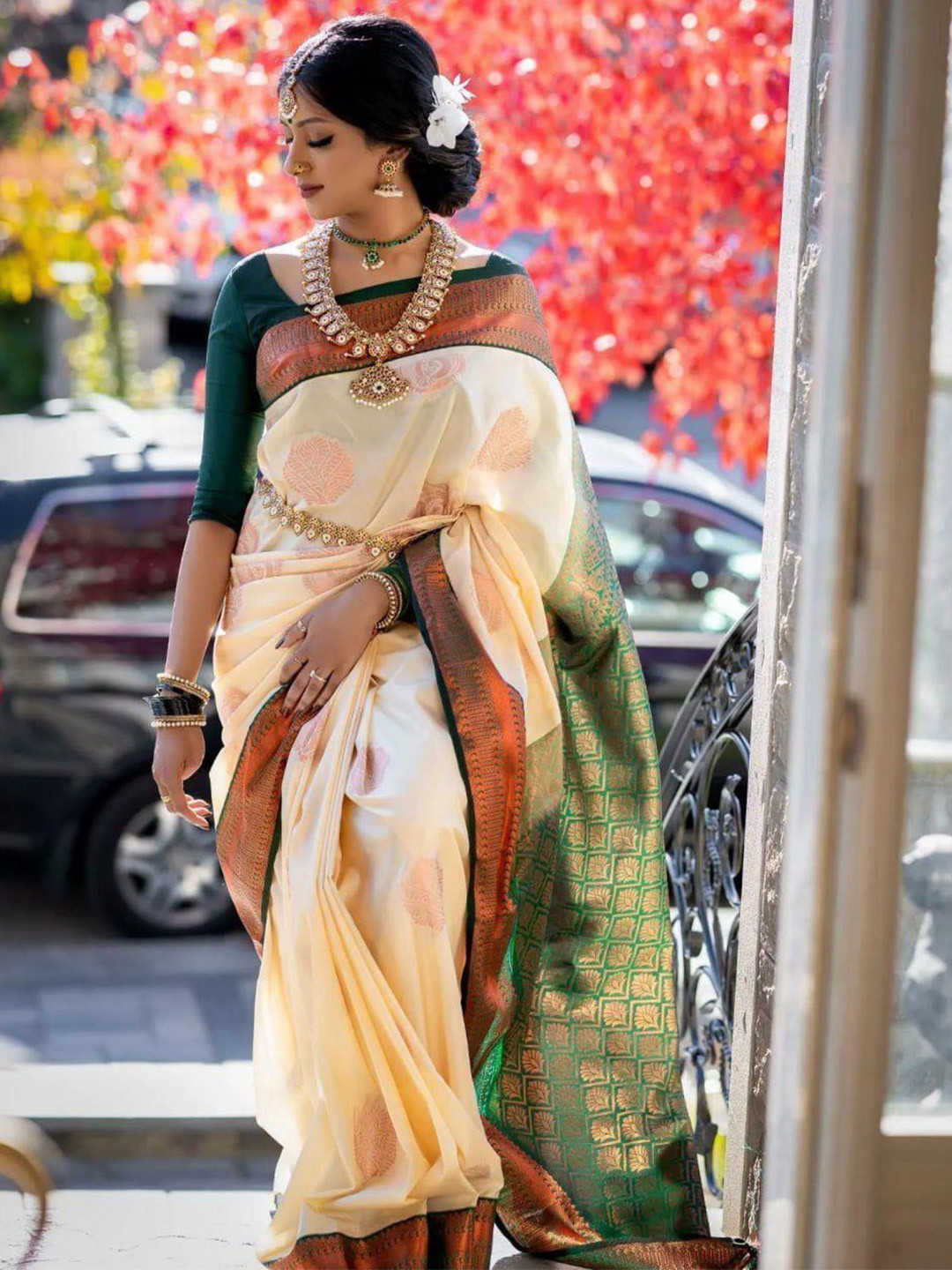PHEASANT Woven Design Zari Saree with Jacquard Border and Unstitched Blouse