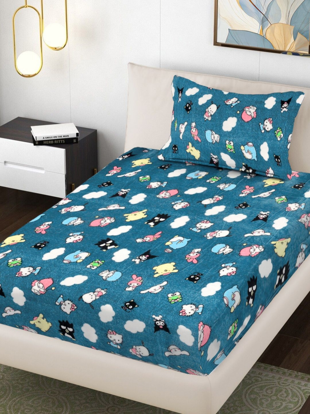 FABINALIV Kids Turquoise Blue & White 300 TC Woolen Single Bedsheet Set 2.20 m x 1.50 m