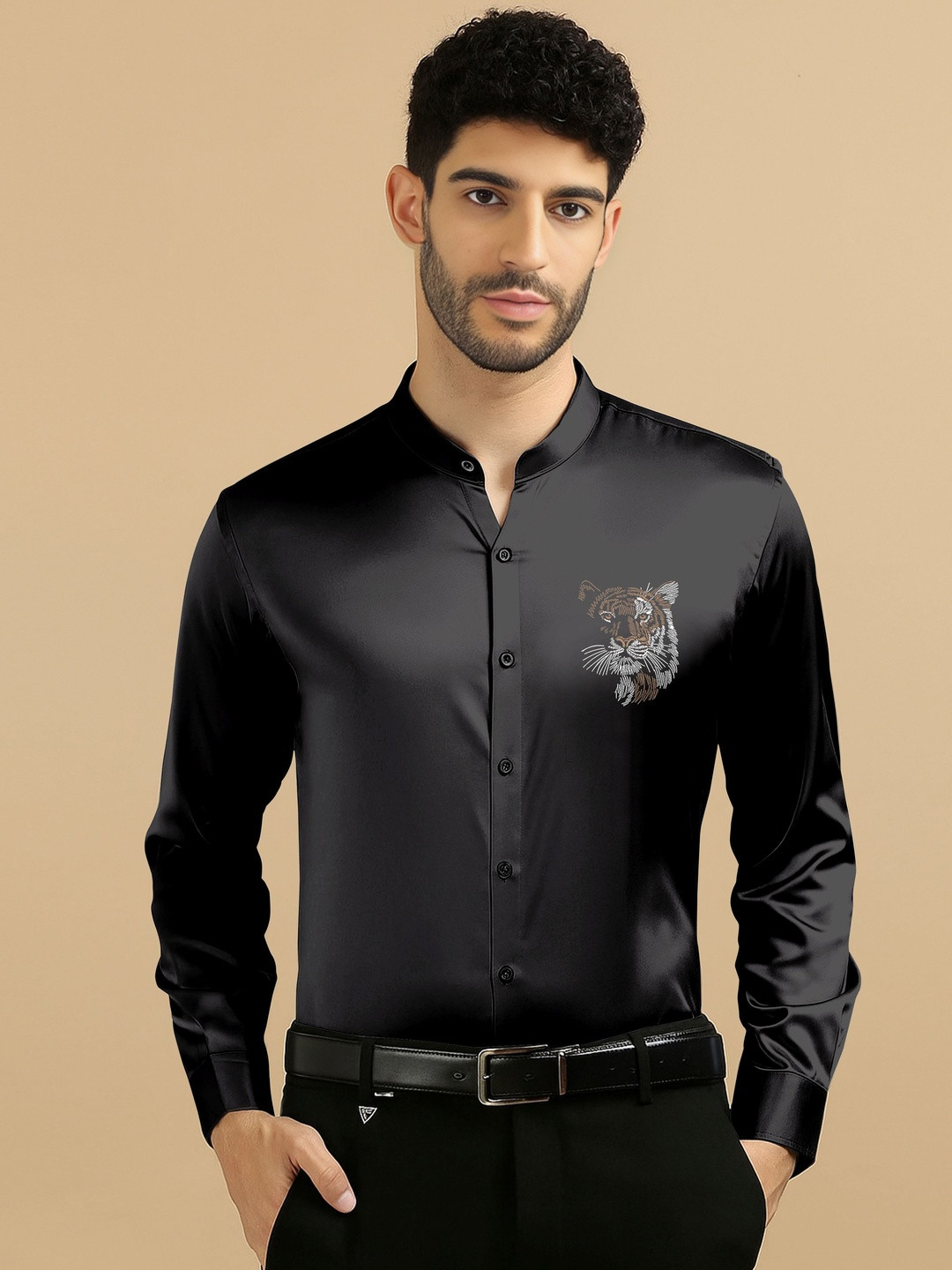 MAN'S SUITUP Men Black Tiger Printed Mandarin Collar Satin Formal Shirt