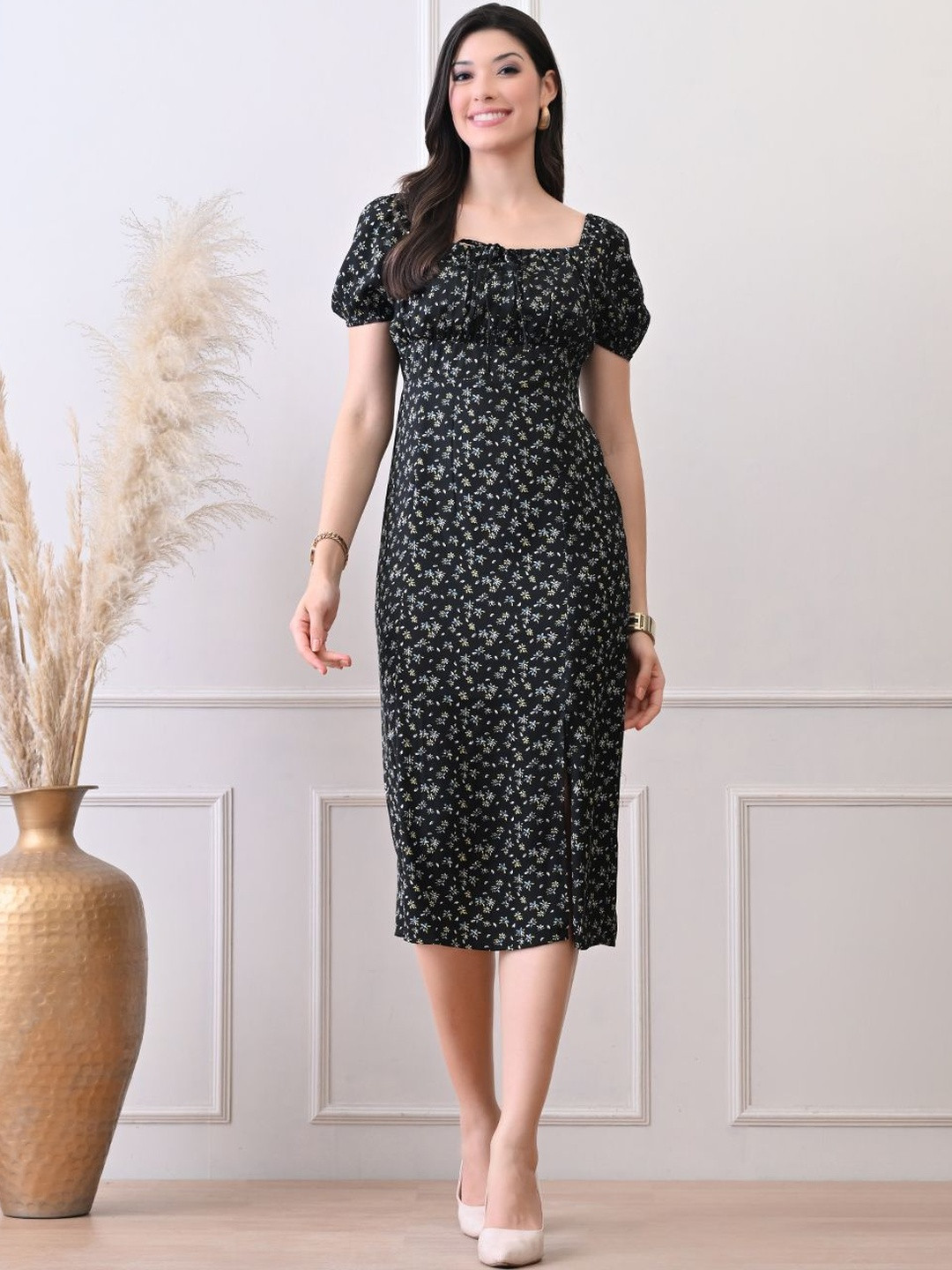 Ikonic klaer Women Floral Print Puff Sleeve A-Line Midi Dress