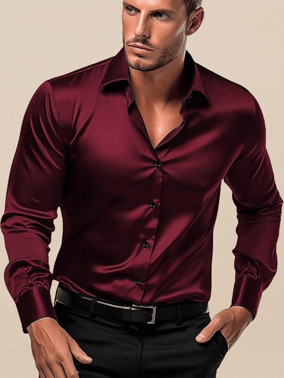 INDOPRIMO Classic Fit Spread Collar Formal Satin Shirt