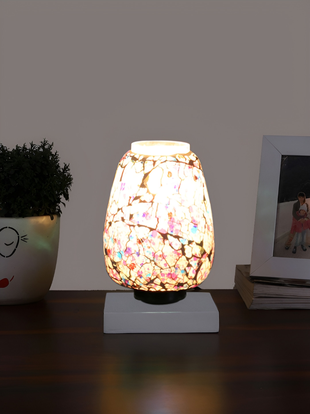 Aura White & Green Textured Glass Lamp With Wood Base