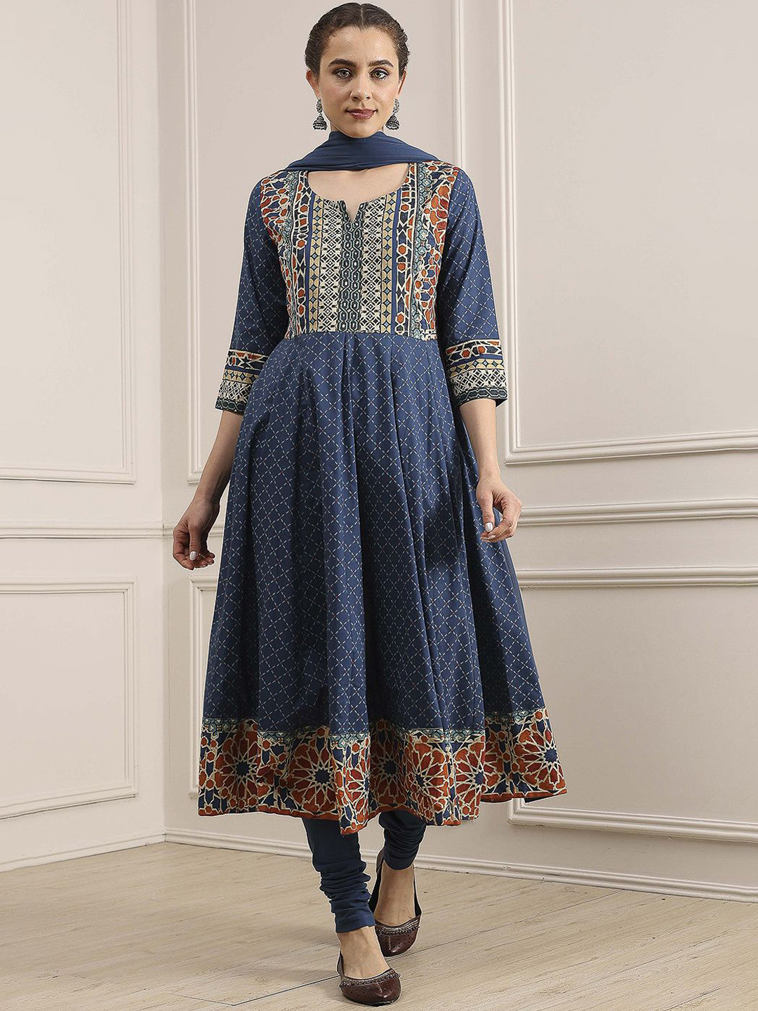 Biba Printed Notch Neck Empire Pure Cotton Kurta With Churidar & Dupatta