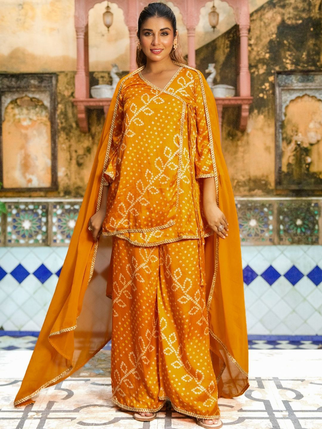 HOUSE OF JAMOTI Ambre Flame Bandhani Printed Chinon A-line Kurta With Palazzo & Dupatta