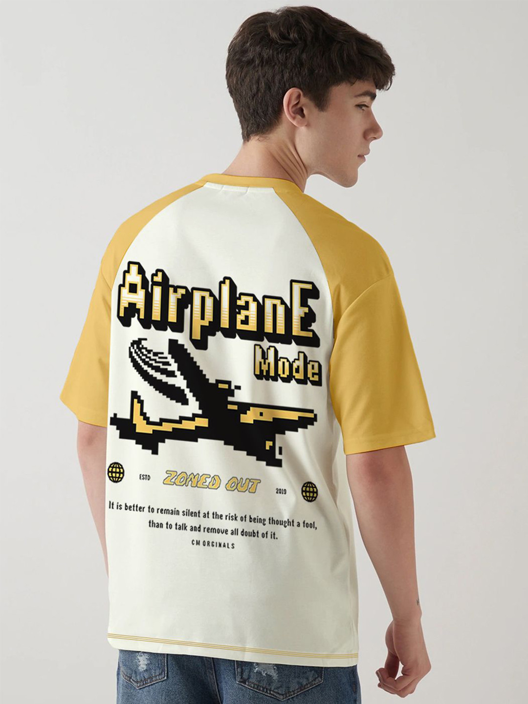 Crazymonk Air Plane Mode Graphic Printed Drop-Shoulder Sleeves Oversized Cotton T-shirt