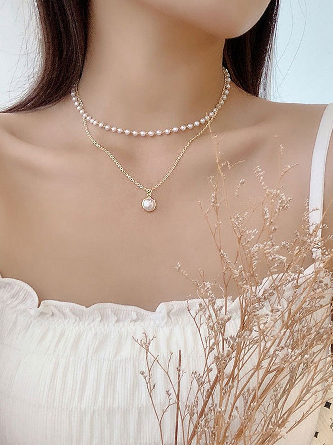 TheVineGirl Women Double Layered Pearl Pendant Golden Necklace