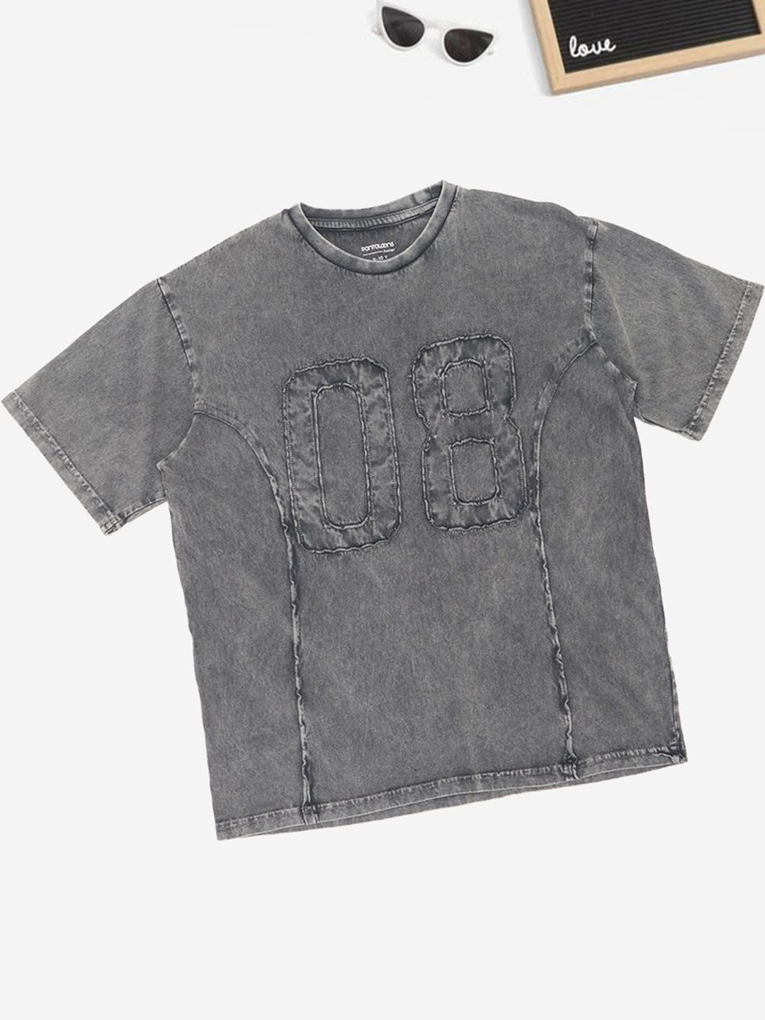Pantaloons Junior Boys Washed Effect Dyed Round Neck Cotton Oversized T-shirt