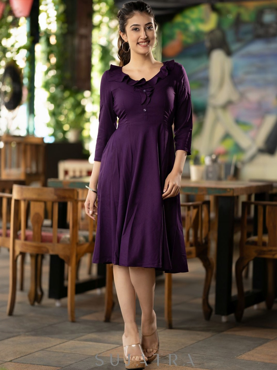 SUJATRA Women Ruffled Fit & Flare Midi Dress