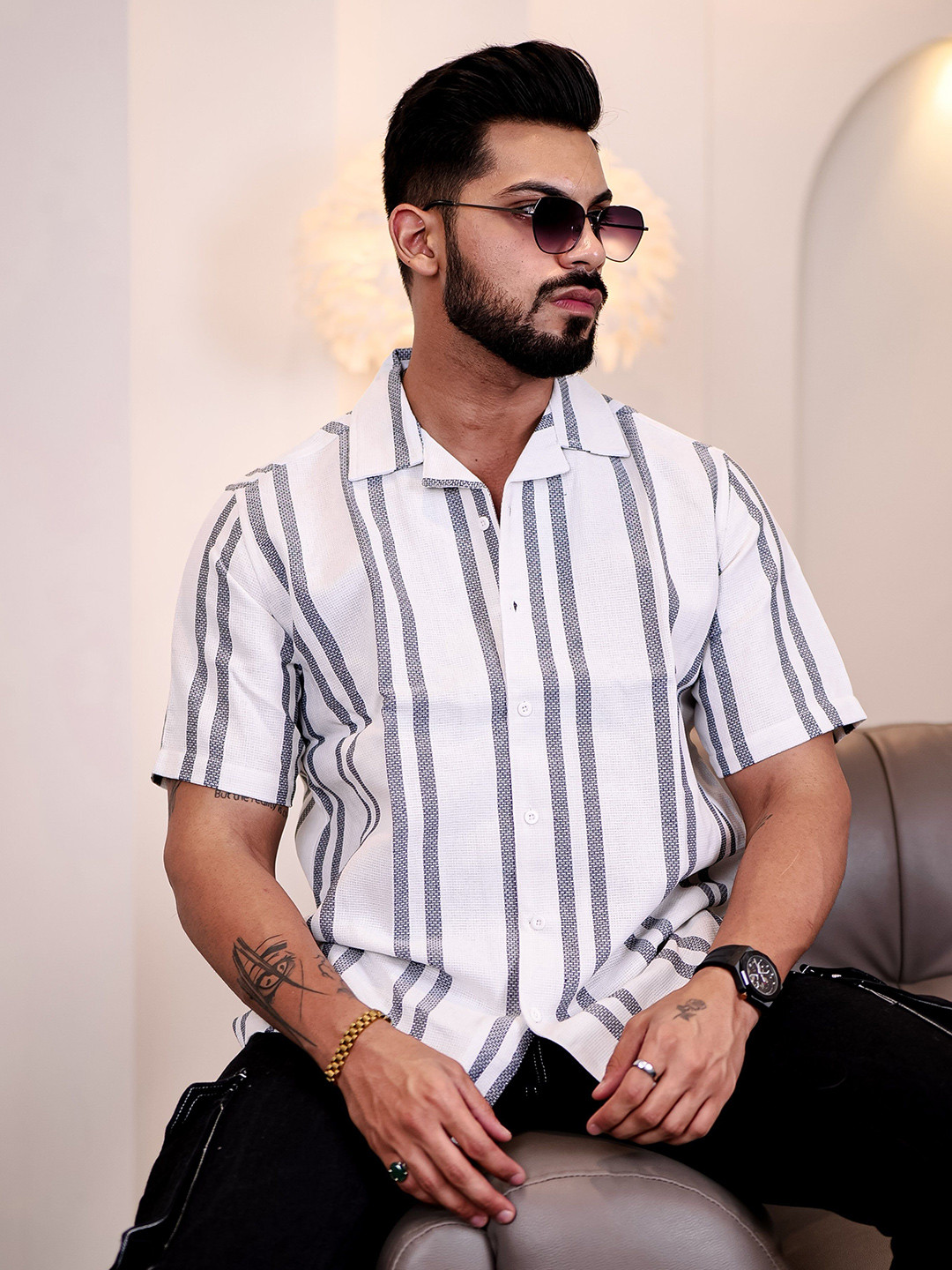 Eszett  Striped Spread Collar Short Sleeves Casual Pure Lnen Shirt