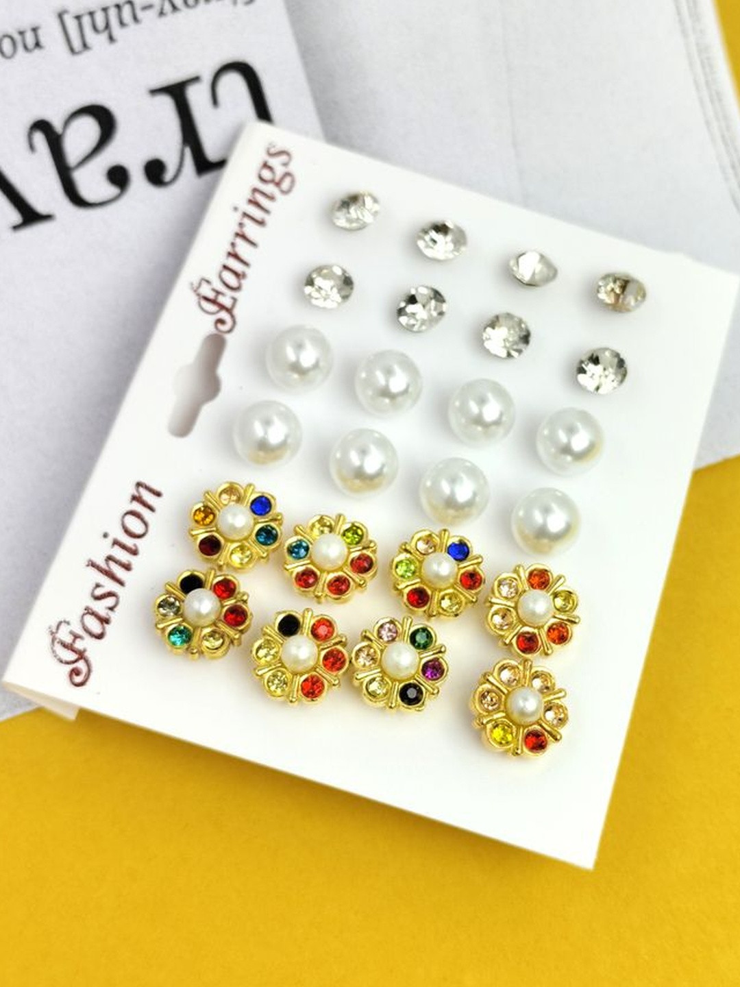 Shivarth Women Multi Colored 12 Pairs Crystal Faux Pearl Earring